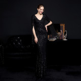 Autumn occasional sheer sequin V-Neck mermaid evening dress