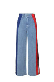 Women's Fashion Patchwork Striped Contrast Denim Pants Casual Straight Pants