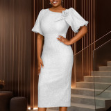 Plus Size Asymmetrical Puff Sleeve High Waist Jacquard Formal Dress