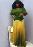 Pleated solid color v-neck top gradient pleated long skirt two-piece set for women