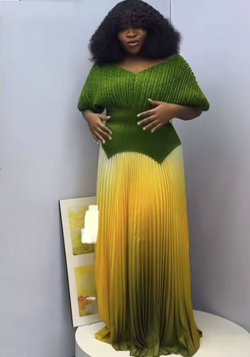 Pleated solid color v-neck top gradient pleated long skirt two-piece set for women