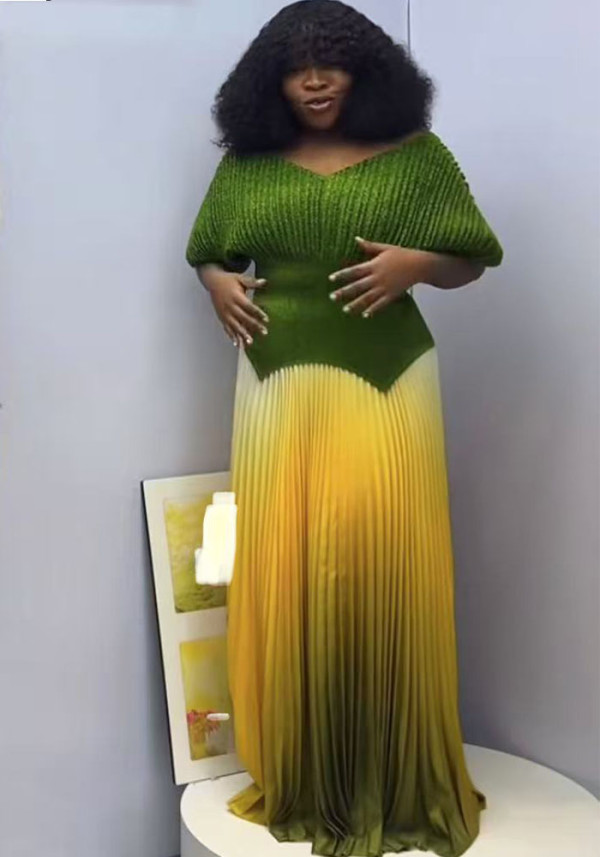 Pleated solid color v-neck top gradient pleated long skirt two-piece set for women