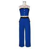 Sexy Color Blocked Decorative Button Straight High Waist Wide Leg Women's Pants Set
