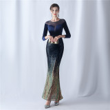 Formal Long Sleeve Patch Sequin Mermaid Evening Dress