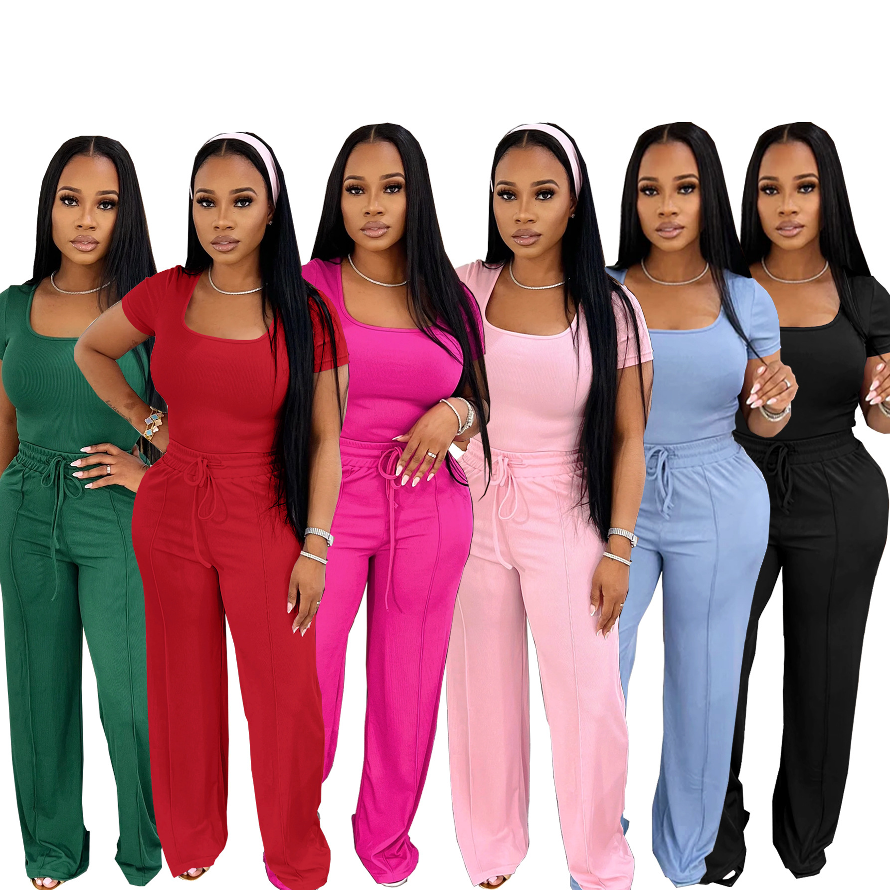 Women's summer Career fashion solid color square neck short sleeve top high waist wide leg Pants Casual Two Piece Set