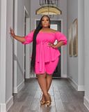 Solid color Casual fashion Plus Size women's clothing Off Shoulder two-piece set
