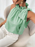 Fashion Sleeveless Striped Lace High Neck Tie Knot Women's T-shirt Top