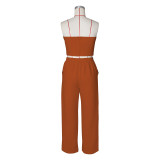 Sexy Color Blocked Decorative Button Straight High Waist Wide Leg Women's Pants Set