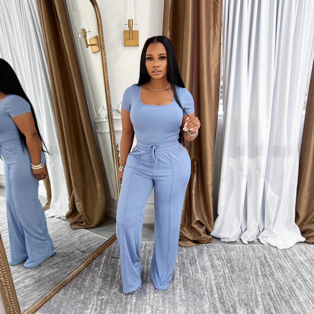 Women's summer Career fashion solid color square neck short sleeve top high waist wide leg Pants Casual Two Piece Set