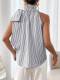 Fashion Sleeveless Striped Lace High Neck Tie Knot Women's T-shirt Top