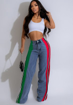 Women's Fashion Patchwork Striped Contrast Denim Pants Casual Straight Pants