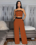Sexy Color Blocked Decorative Button Straight High Waist Wide Leg Women's Pants Set