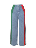 Women's Fashion Patchwork Striped Contrast Denim Pants Casual Straight Pants