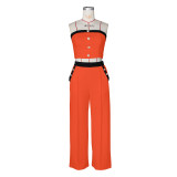 Sexy Color Blocked Decorative Button Straight High Waist Wide Leg Women's Pants Set