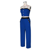 Sexy Color Blocked Decorative Button Straight High Waist Wide Leg Women's Pants Set