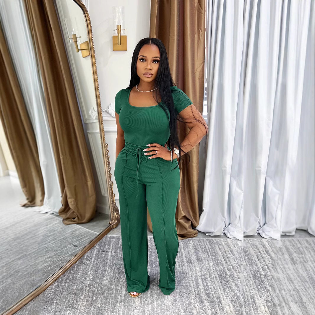 Women's summer Career fashion solid color square neck short sleeve top high waist wide leg Pants Casual Two Piece Set
