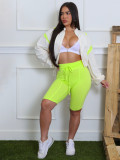 Fashion women's contrast color drawstring Slim Waist zipper Crop long sleeve Top shorts set
