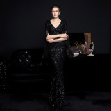 Autumn occasional sheer sequin V-Neck mermaid evening dress