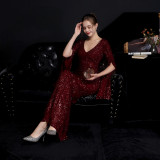 Autumn occasional sheer sequin V-Neck mermaid evening dress