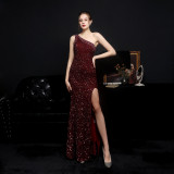 Summer Side Slit One Shoulder Sequin Evening Dress