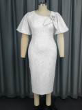 Plus Size Asymmetrical Puff Sleeve High Waist Jacquard Formal Dress