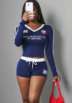 Fashionable slim sexy elastic print sports v-neck long-sleeved top shorts set for women