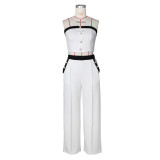 Sexy Color Blocked Decorative Button Straight High Waist Wide Leg Women's Pants Set