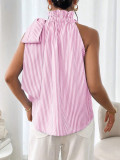 Fashion Sleeveless Striped Lace High Neck Tie Knot Women's T-shirt Top