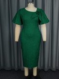 Plus Size Asymmetrical Puff Sleeve High Waist Jacquard Formal Dress