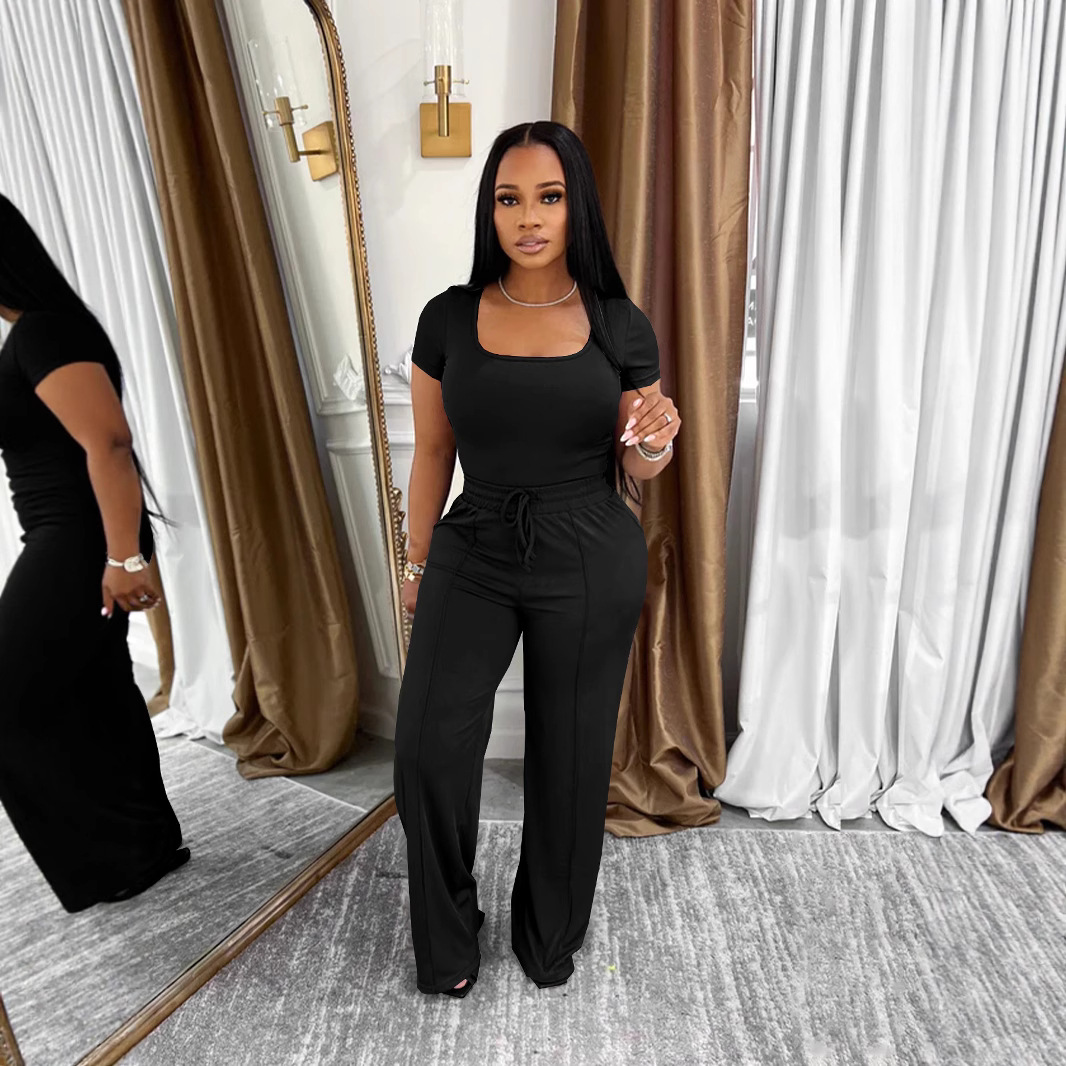 Women's summer Career fashion solid color square neck short sleeve top high waist wide leg Pants Casual Two Piece Set