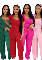 Women's summer Career fashion solid color square neck short sleeve top high waist wide leg Pants Casual Two Piece Set Women's summer Career fashion solid color square neck short sleeve top high waist wide leg Pants Casual Two Piece Set