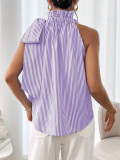 Fashion Sleeveless Striped Lace High Neck Tie Knot Women's T-shirt Top
