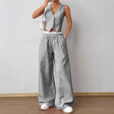 Summer contrast color striped sleeveless v-neck vest Wide Leg Pants Set