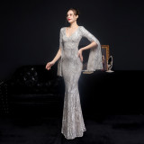Autumn occasional sheer sequin V-Neck mermaid evening dress