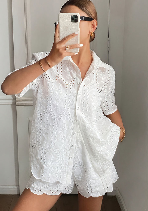 solid color embroidered short sleeve Turndown Collar hollow top and shorts 2-piece set