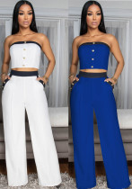 Sexy Color Blocked Decorative Button Straight High Waist Wide Leg Women's Pants Set Sexy Color Blocked Decorative Button Straight High Waist Wide Leg Women's Pants Set