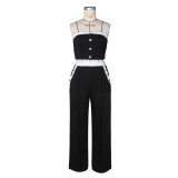 Sexy Color Blocked Decorative Button Straight High Waist Wide Leg Women's Pants Set