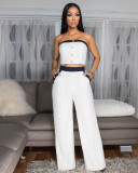 Sexy Color Blocked Decorative Button Straight High Waist Wide Leg Women's Pants Set
