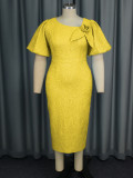 Plus Size Asymmetrical Puff Sleeve High Waist Jacquard Formal Dress