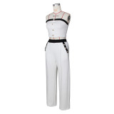 Sexy Color Blocked Decorative Button Straight High Waist Wide Leg Women's Pants Set