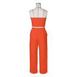 Sexy Color Blocked Decorative Button Straight High Waist Wide Leg Women's Pants Set