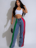 Women's Fashion Patchwork Striped Contrast Denim Pants Casual Straight Pants
