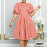 Women's Summer Short Sleeve Chic Round Neck High Waist Formal Party Evening Dress