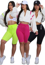 Fashion women's contrast color drawstring Slim Waist zipper Crop long sleeve Top shorts set