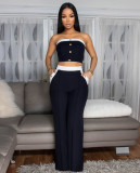 Sexy Color Blocked Decorative Button Straight High Waist Wide Leg Women's Pants Set