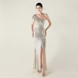 Women one-shoulder ruffled dangling beaded chain sequined Formal Party evening dress