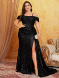 Women Strapless Lace-Up Backless Fishbone Slit Sequin Evening Dress