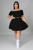 Plus Size Women Sexy Solid Short Sleeve Top and Pleated Skirt Two-piece Set