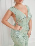 Women V Neck Sleeveless Sequin Patchwork Mesh Bodycon Fishtail Evening Dress