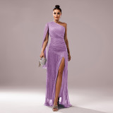 Women One-Shoulder Slash Shoulder Long Sleeve Slit Formal Party Evening Dress
